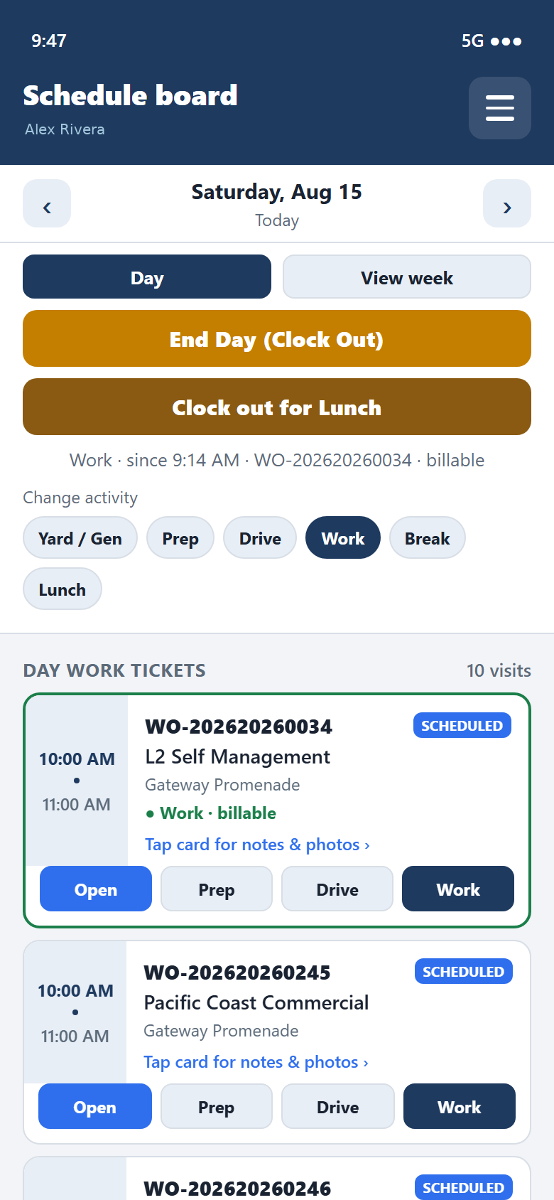 TradeTrail™ Field activity screen with Work selected and lunch / clock-out controls
