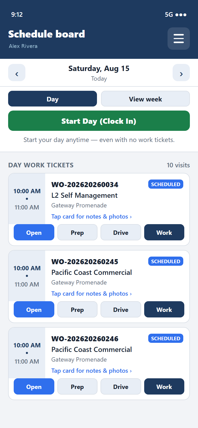 TradeTrail™ Field clock-in screen with Start Day button and today’s work tickets