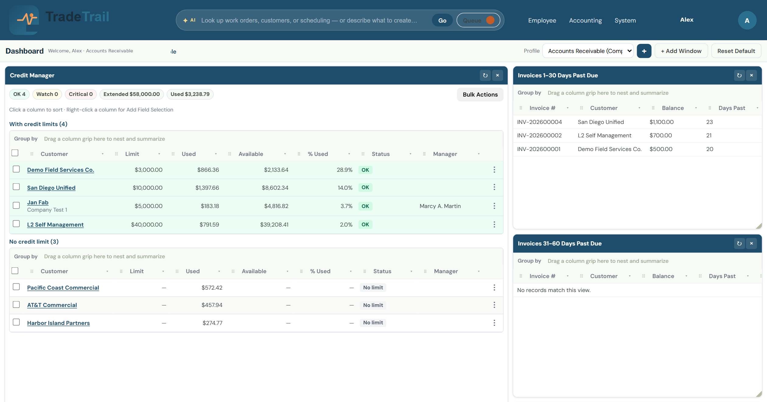 Credit Manager dashboard with credit limits, utilization, and aging invoices