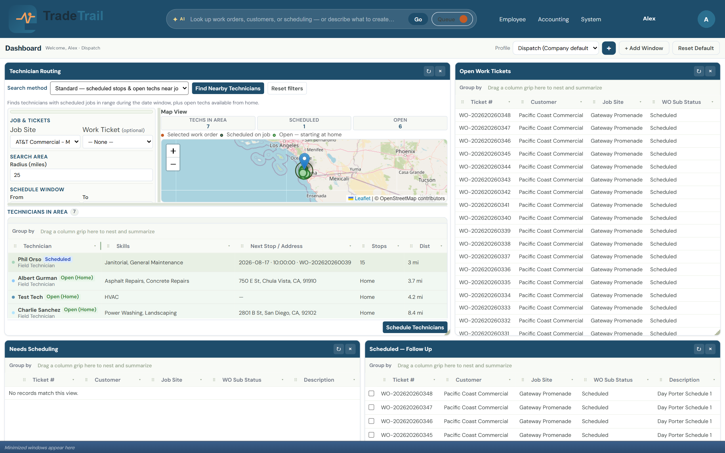 TradeTrail™ Dispatch dashboard with Technician Routing map, nearby technicians, and scheduling widgets