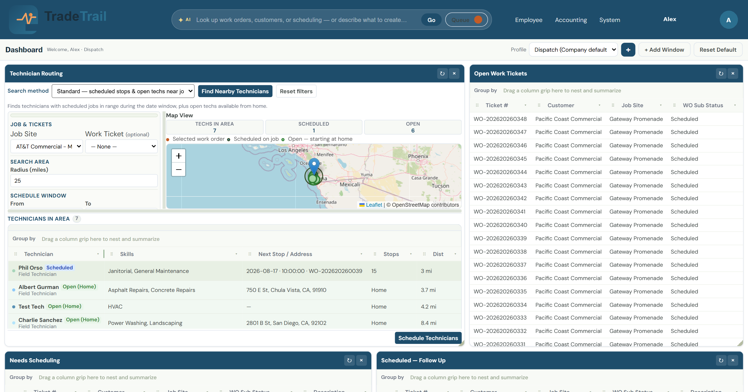 Technician Routing dashboard showing map, techs in area, and scheduled technicians