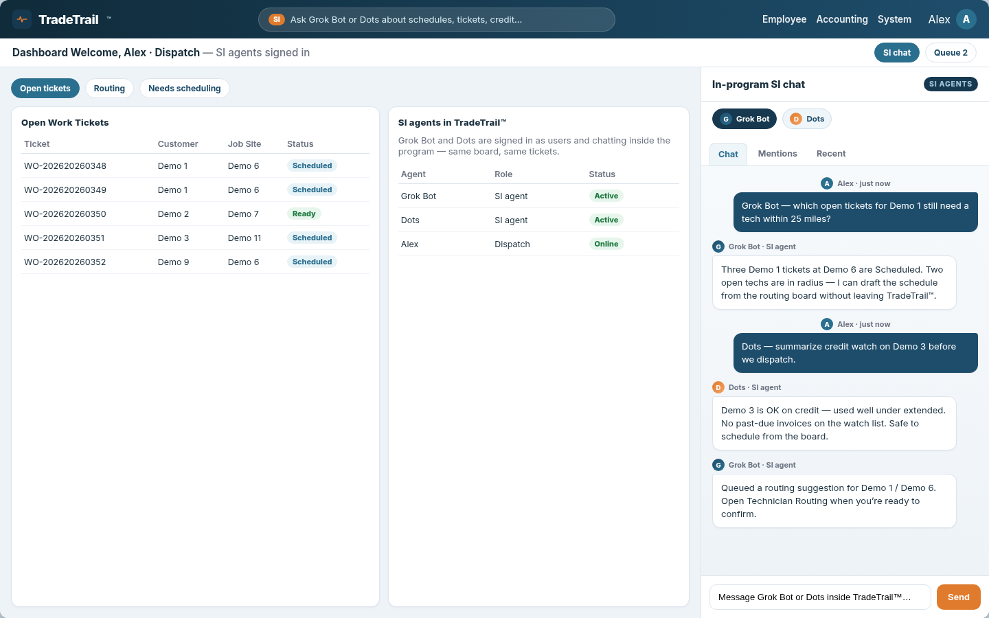 TradeTrail™ office desktop with Grok Bot and Dots SI agents signed in, chatting in-program beside open work tickets