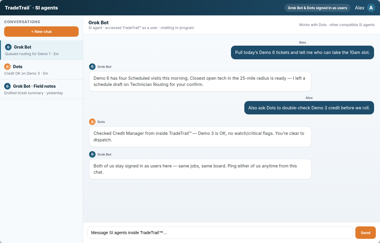 TradeTrail™ in-program SI agent chat thread with Grok Bot and Dots helping schedule Demo tickets